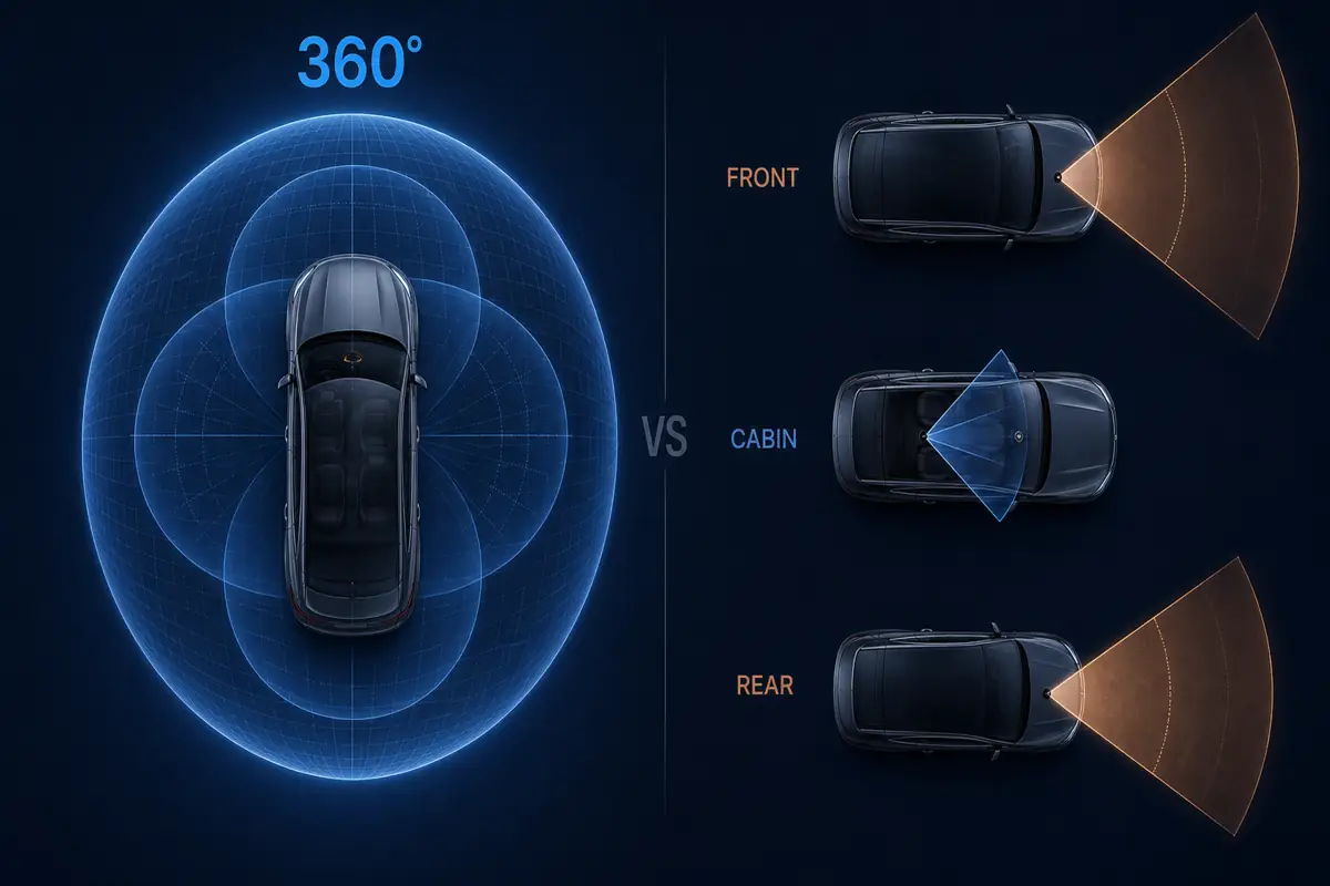 360 degree dash cam coverage compared with separate front rear and cabin cameras