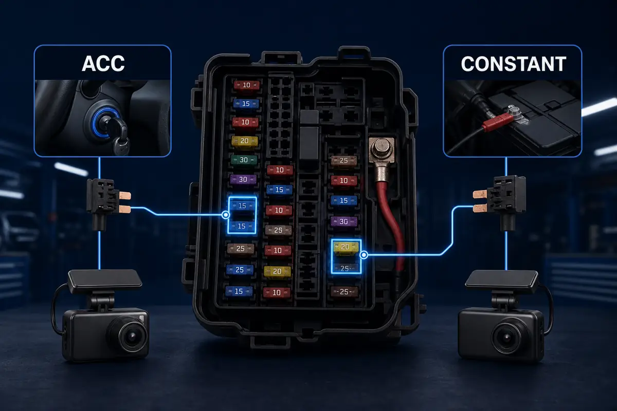ACC fuse and constant fuse circuits compared for dash cam hardwiring