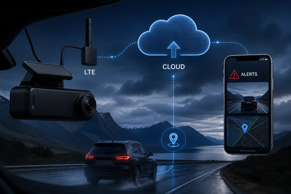 LTE connected dash cam sending video alerts and GPS data through the cloud