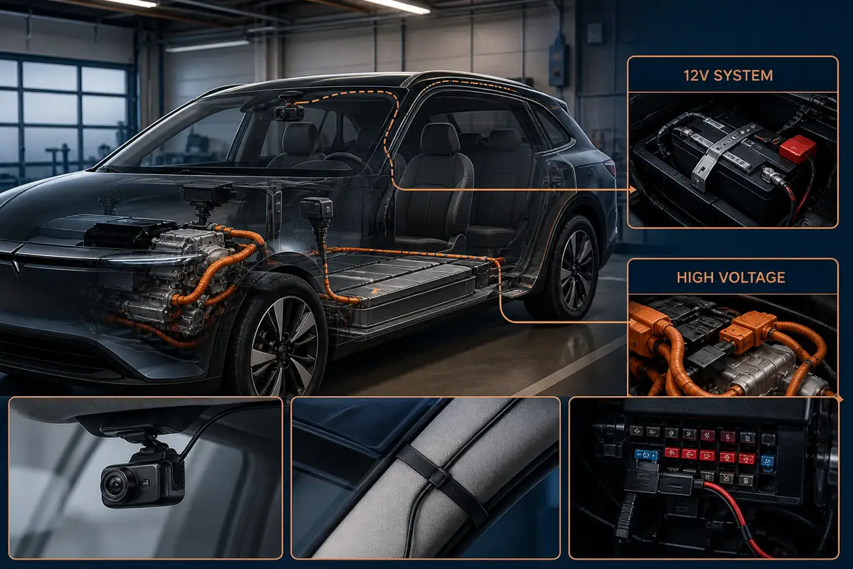 Dash cam installation showing separate 12 volt and high voltage systems in an electric vehicle