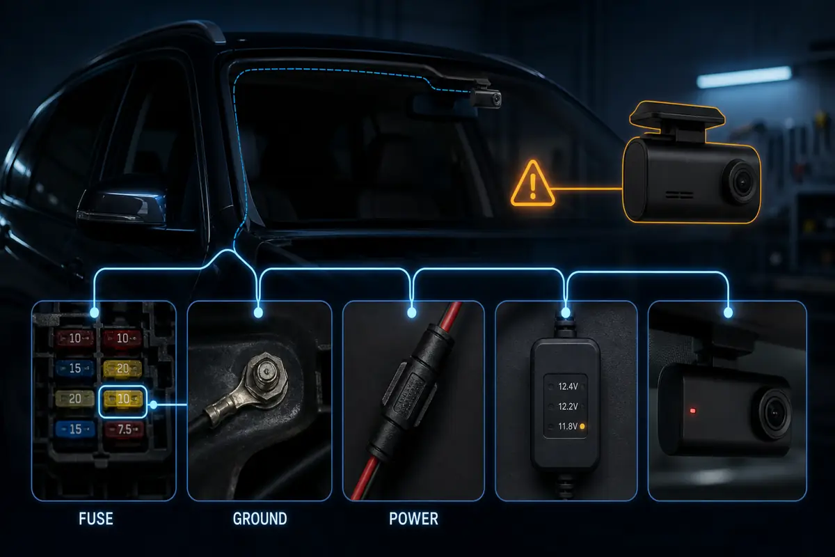 Fuse ground power cable and voltage cutoff checks for a hardwired dash cam
