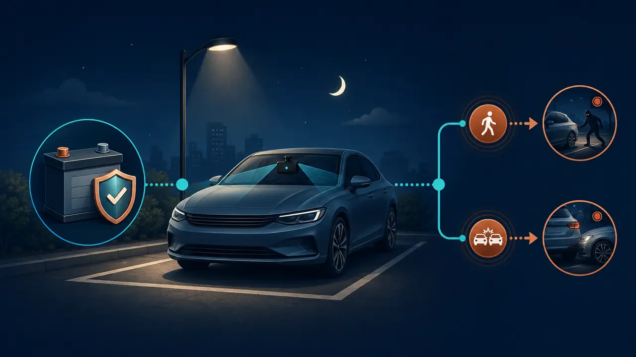 Parking mode dash cam hardwire and battery protection illustration