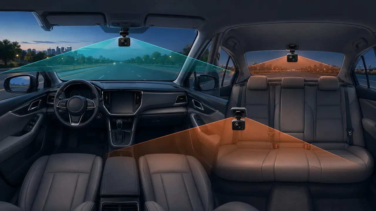 Front, rear and cabin camera coverage for rideshare vehicles