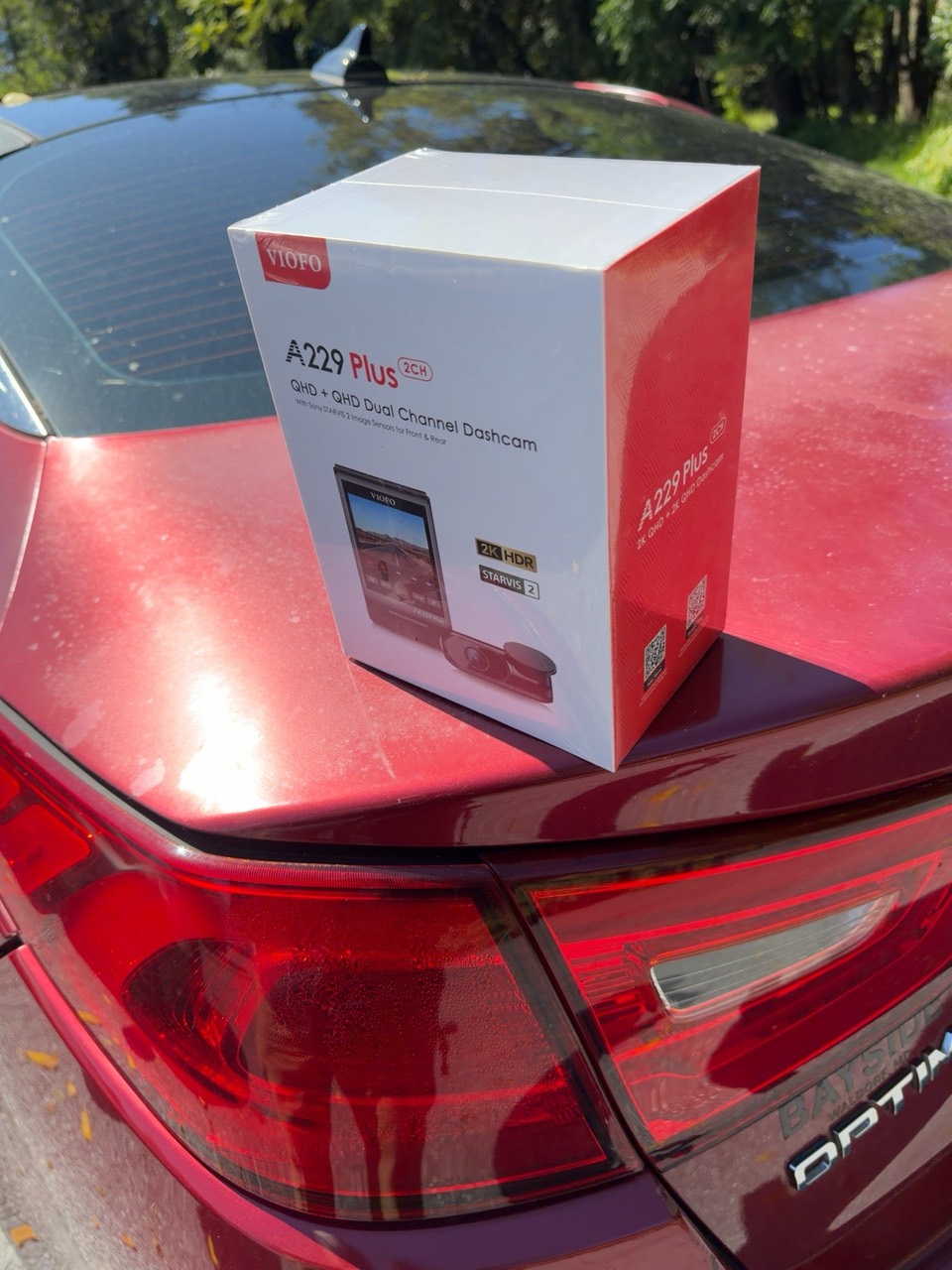 VIOFO A229 Plus 2CH box on the red Kia Optima