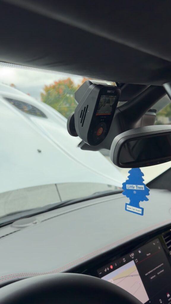 Vantrue S1 Pro Max mounted near the rear-view mirror in a 2026 Dodge Durango, with its screen illuminated.