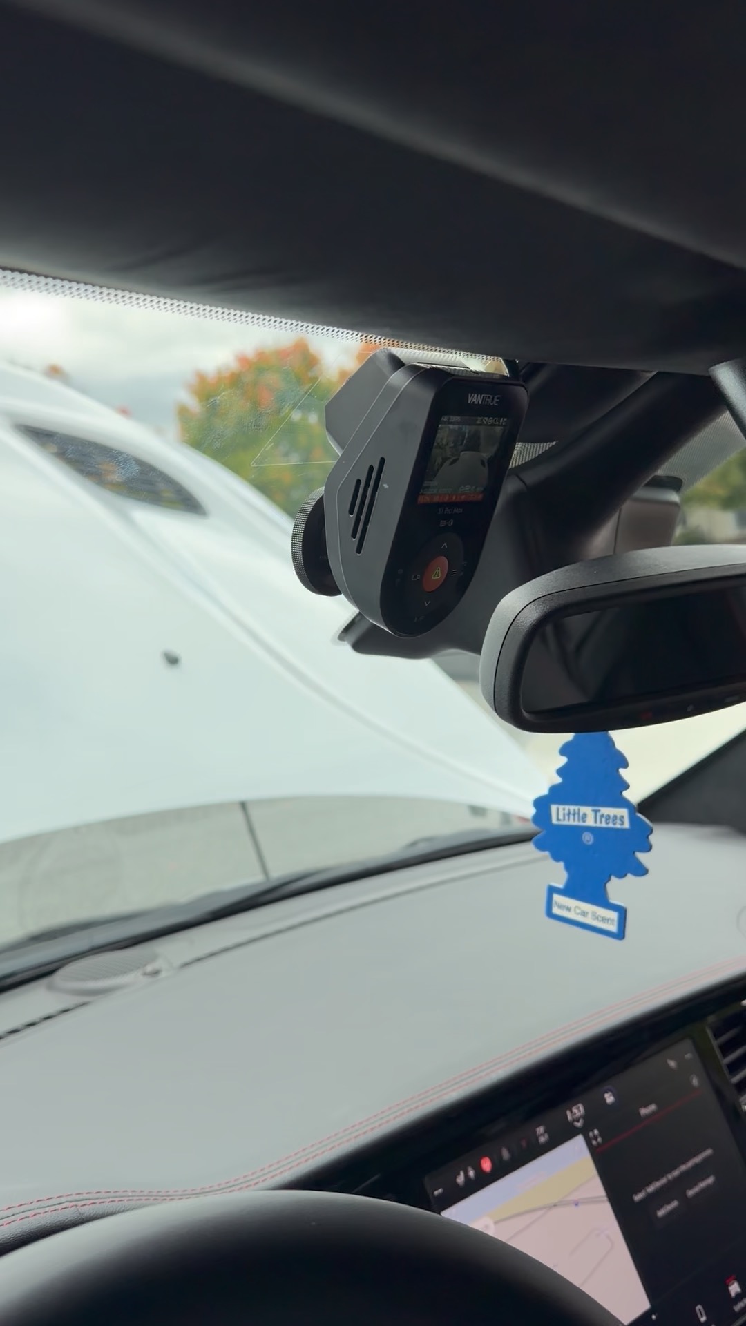 Vantrue S1 Pro Max mounted near the rear-view mirror in a 2026 Dodge Durango, with its screen illuminated.
