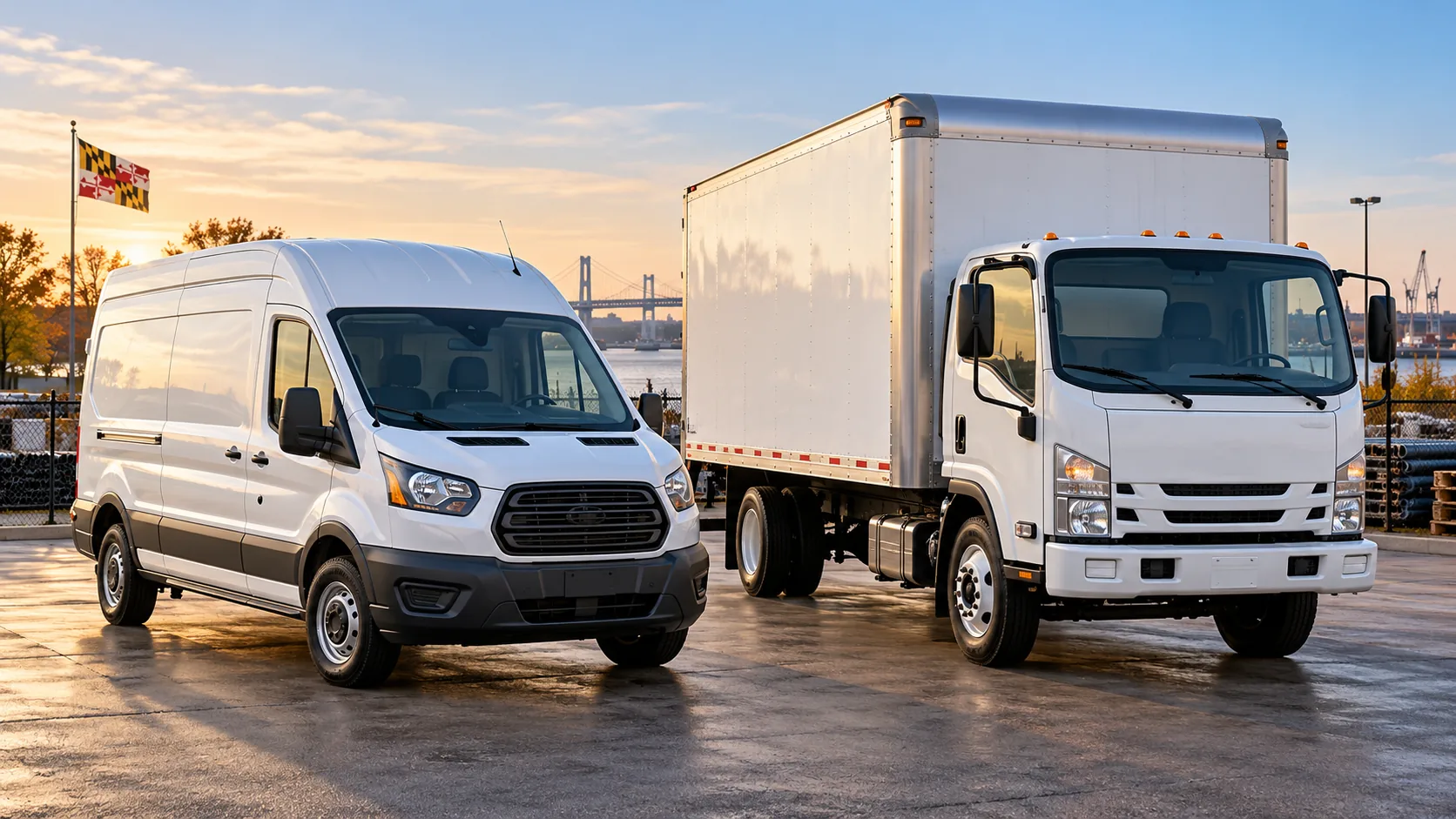 Illustration of a white commercial service van and box truck parked in a fleet yard
